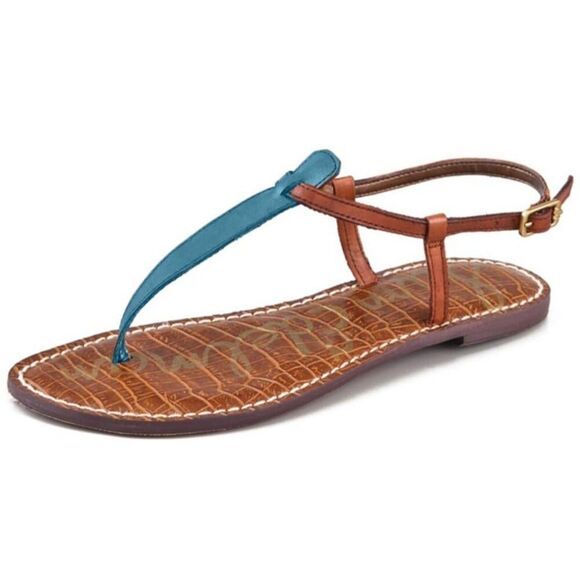 SAM EDELMAN Gigi Blue/Brown Leather T Sandal Size 8M - Picture 1 of 7